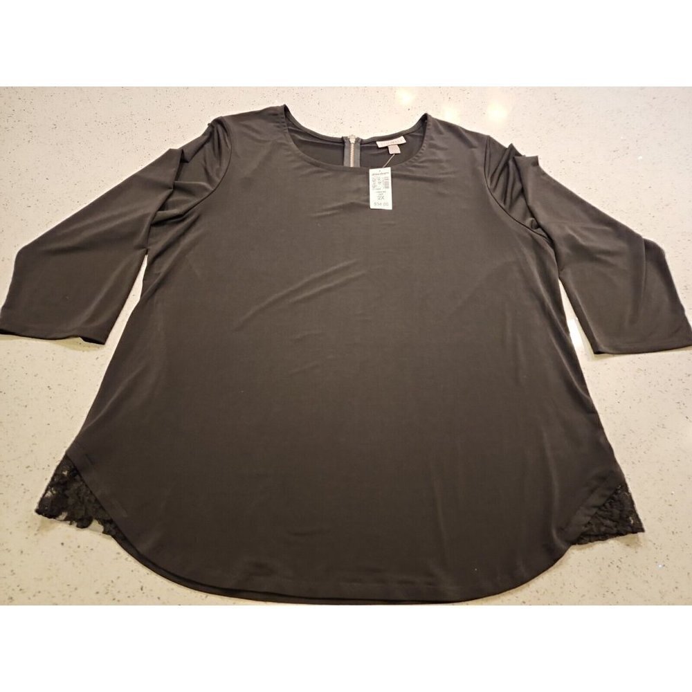 Roz & Ali Dressbarn Shirt Top Blouse 2x Black 3/4 Sleeve NWT lace trim stretchy